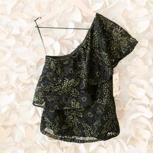 Nanette Lepore Black Gold Lace One Shoulder Top XS